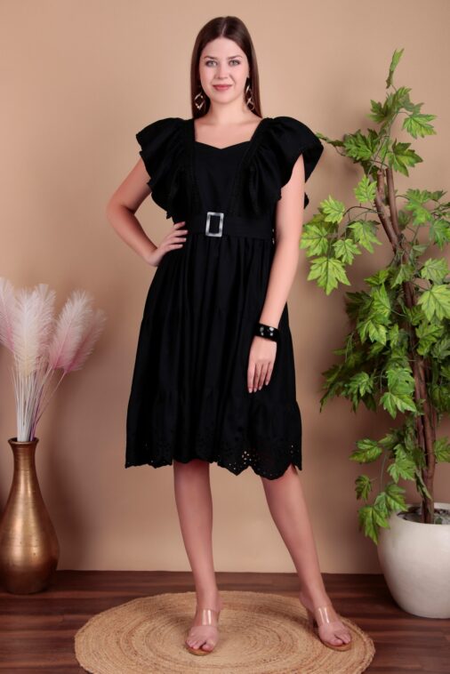 Cotton Midi Dress, Black, Ruffle Sleeves, Belted Waist