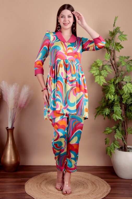 Women’s Multicolor Printed Satin Fabric Co-ord Set Top & Pant
