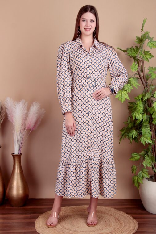 Women's Geometric Print Maxi Dress, Long Sleeve Button-Down, Belted Waist, Peach and Navy, Cotton Fabric | Available in Large and XL Sizes