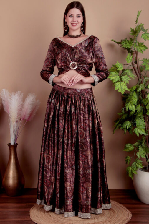 Women's Maroon Satin Lehenga Choli Set with Paisley Print & Embellished Details |Blouse features a deep back with adjustable tie-up bow | Traditional Ethnic Wear for Weddings & Festivals | Large and XL Sizes