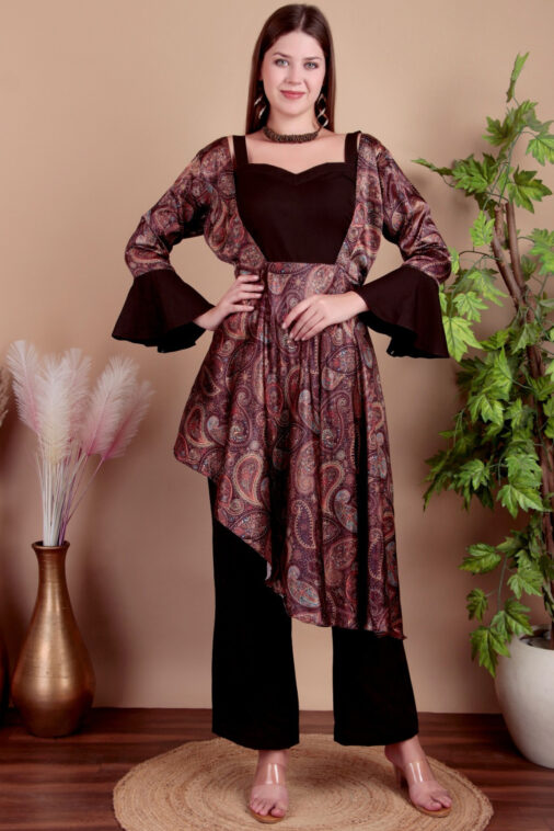 Fashmita Apparels, Women's 3-Piece Co-ord Set with Crop Top, Palazzo & Printed Cape – Elegant Indo-Western Fusion Wear | Large and XL Sizes
