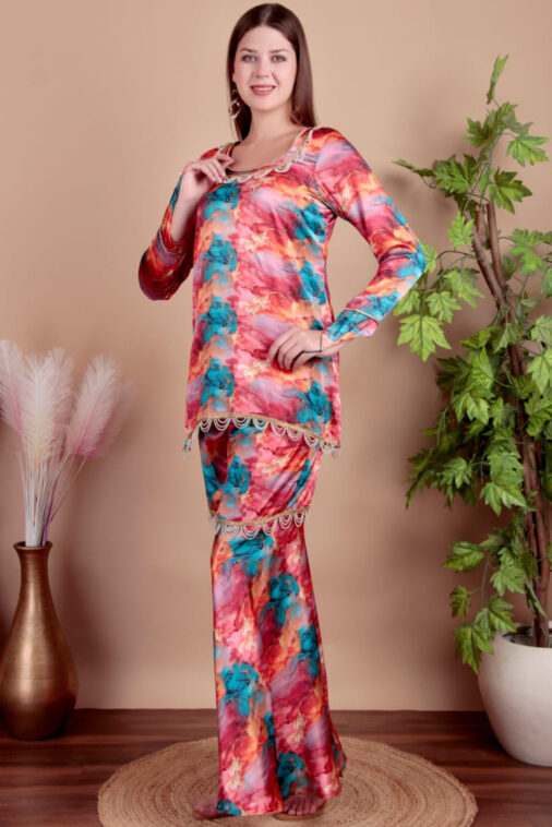 Fashmita Apparels, Women's Floral Printed Satin Co-Ord Set with Palazzo Pants and Lace Detailing | Satin Fabric, Sharara - Image 3