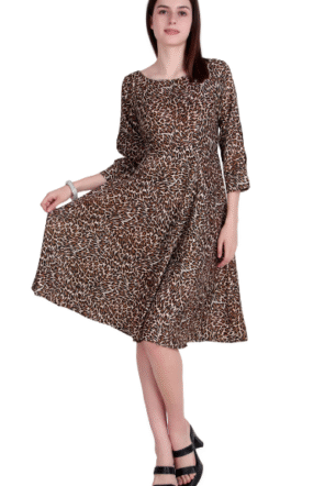 Women's Fit & Flare Midi Dress with Animal Print – Stylish 3/4 Sleeve Casual Western Dress
