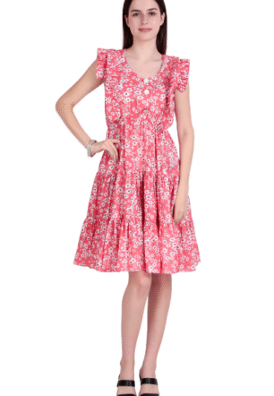 Women's Floral Fit & Flare Knee-Length Dress with Ruffle Sleeves, Cambric Cotton – Casual Summer Western Wear