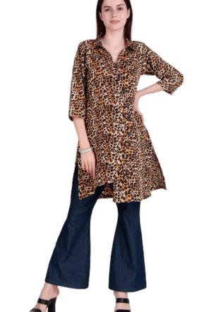 Women's Leopard Print Shirt Style Kurti with 3/4 Sleeves – Long Tunic Top for Jeans, Casual & Office Wear