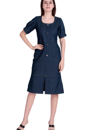 Women's Denim Knee-Length A-Line Button Down Dress with Pockets