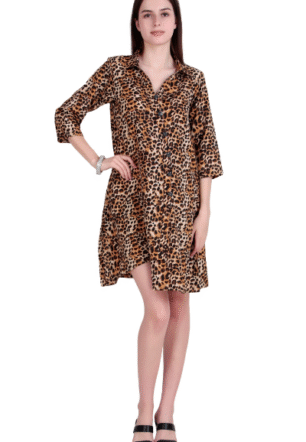 Women's Leopard Print A-Line Shirt Dress with 3/4 Sleeves – Casual & Trendy