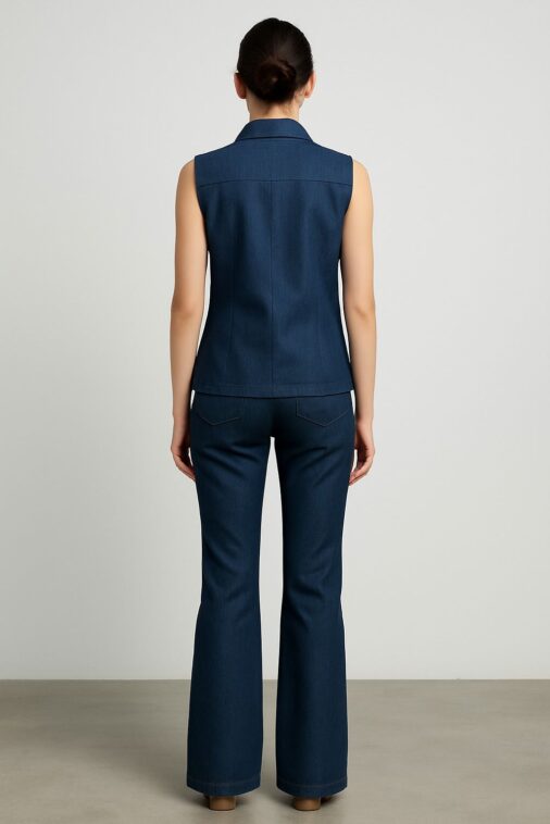 Women's Sleeveless Denim Co-Ord Set – Mandarin Collar Button-Down Top with Slim Fit Jeans | Blue Color - Image 3