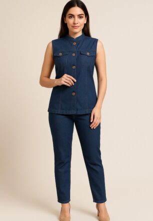 Women's Sleeveless Denim Co-Ord Set – Mandarin Collar Button-Down Top with Slim Fit Jeans | Blue Color