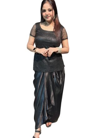 Women's Designer Black Sequin Top with Stylish Draped Dhoti  – Indo-Western Party Wear Set