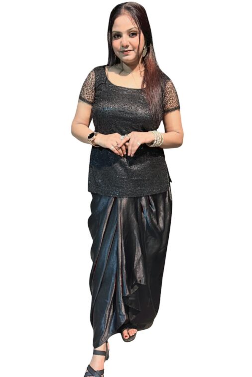 Women's Designer Black Sequin Top with Stylish Draped Dhoti  – Indo-Western Party Wear Set