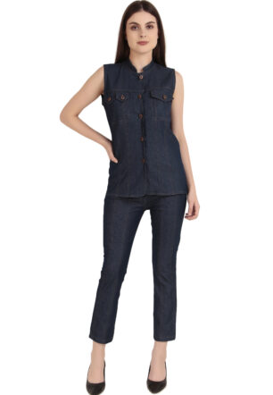 Women's Sleeveless Denim Co-Ord Set – Mandarin Collar Button-Down Top with Slim Fit Jeans | Blue Color