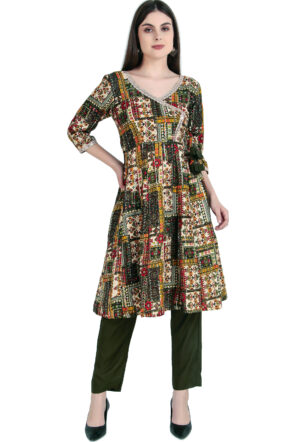 Women's Printed Cotton Anarkali Kurti with Gota Lace Detailing – Multicolor | Jaipuri Print Kurti with Plain Pant and Dupatta Set