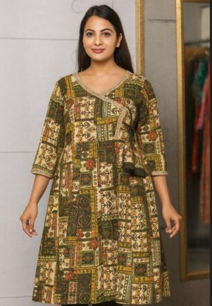 Women's Printed Cotton Anarkali Kurti with Gota Lace Detailing – Multicolor | Jaipuri Print Kurti with Plain Pant and Dupatta Set