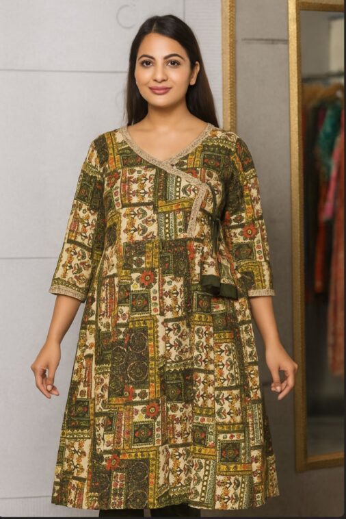 Women's Printed Cotton Anarkali Kurti with Gota Lace Detailing – Multicolor | Jaipuri Print Kurti with Plain Pant and Dupatta Set