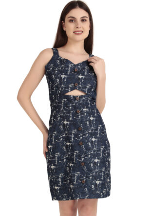 Women’s One Piece Dress – Sleeveless Denim Print Casual Dress with Front Buttons & Cut-Out Waist
