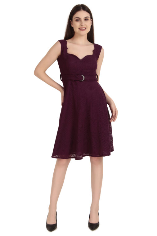 Women’s Maroon A-Line Lace Dress with Belt | Party Wear & Casual Wear