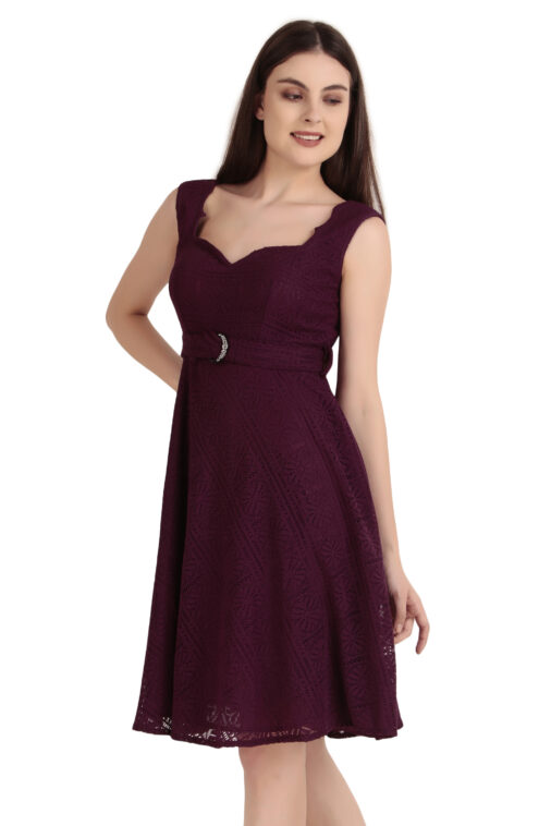 Women’s Maroon A-Line Lace Dress with Belt | Party Wear & Casual Wear - Image 5