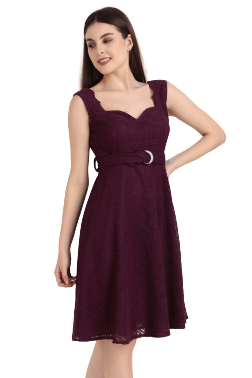 Women’s Maroon A-Line Lace Dress with Belt | Party Wear & Casual Wear - Image 7