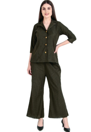Women’s Olive Green Co-ord Set | Shirt & Wide-Leg Pants | Casual & Party Wear